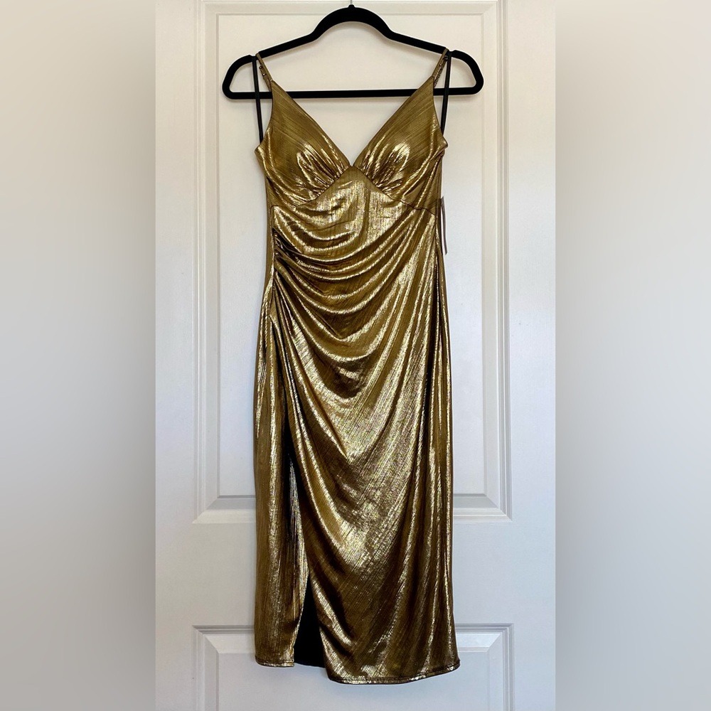 NWT Premier Amour Women's Metallic Gold Midi Slip Dress Size 6